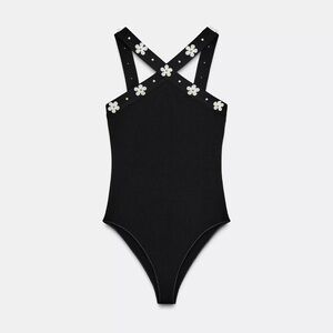 Zara Black Bodysuit with White Floral Details